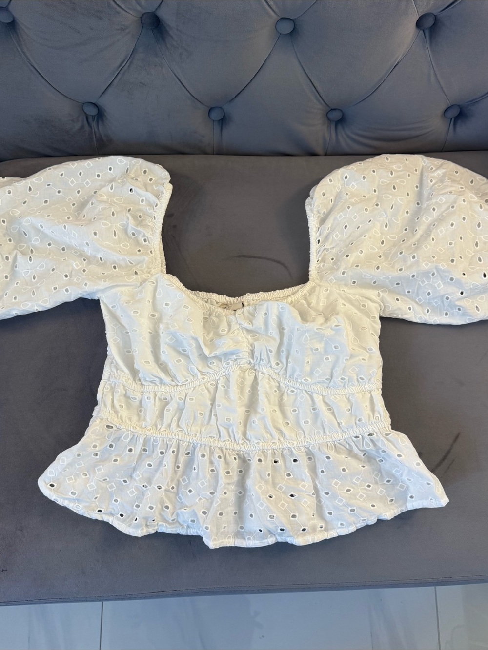 a new day White Eyelet Puff-Sleeve Peplum Blouse